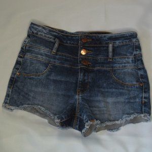 REFUGE denim BLUE jean SHORTS cheeky DAISY DUKES summer CUT OFFS frayed SIZE 4